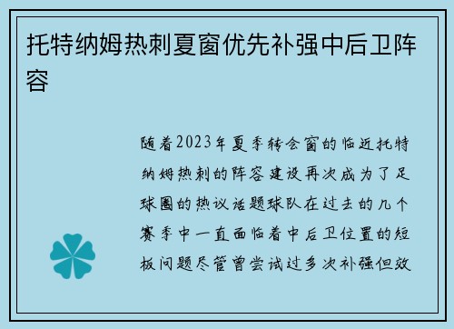 托特纳姆热刺夏窗优先补强中后卫阵容 托特纳姆热刺夏窗优先补强中后卫阵容